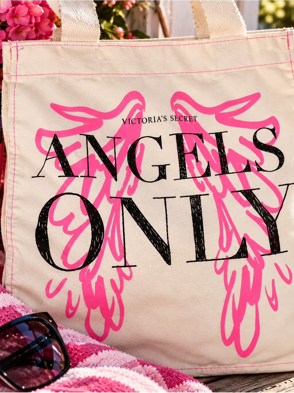 Victoria Secret Angels Only Canvas Tote Bag NWT Neon Pink Angel Wings Beach